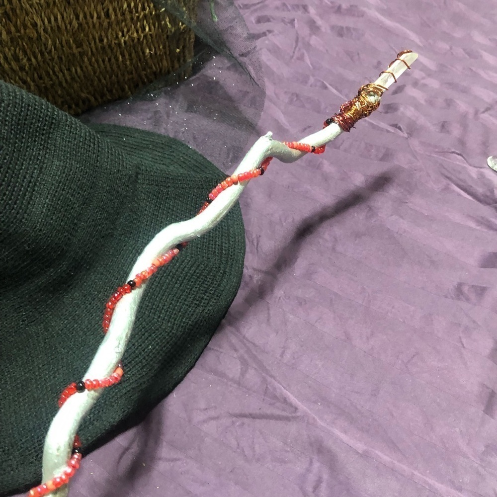 Witch wand made from a corkscrew hazelnut 18” Selenite wrapped in copper- beads